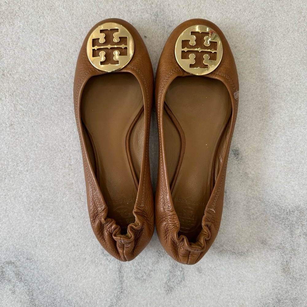 Tory Burch Tan Flats with Gold Emblem